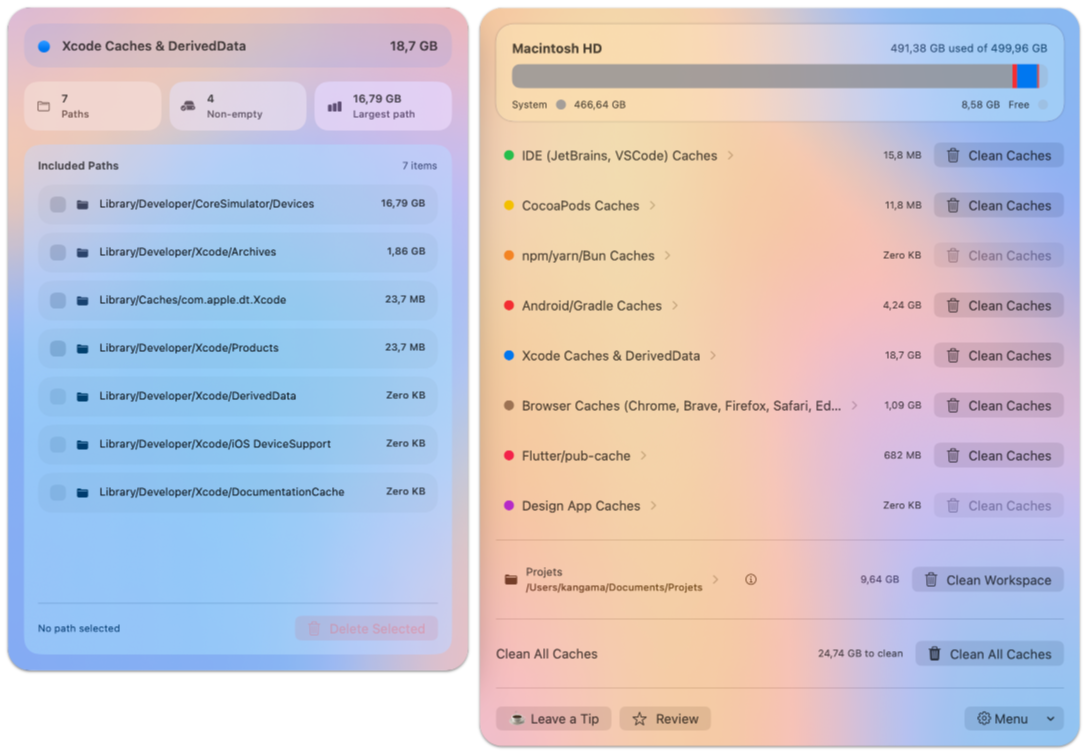 DevCacheCleaner application macOS pour nettoyer les caches développeur