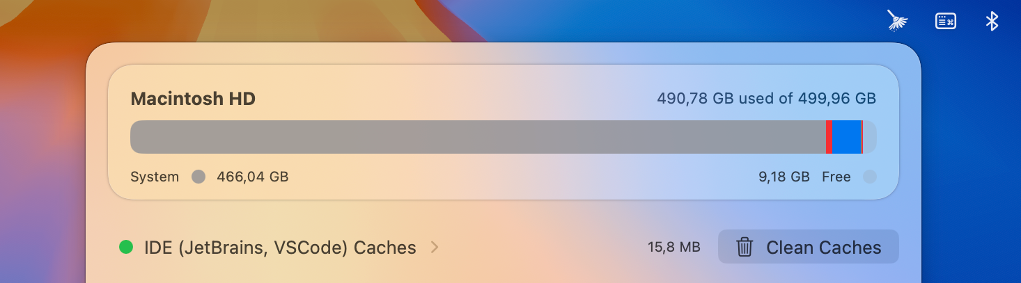 Vue menu bar DevCacheCleaner avec espace disque récupérable